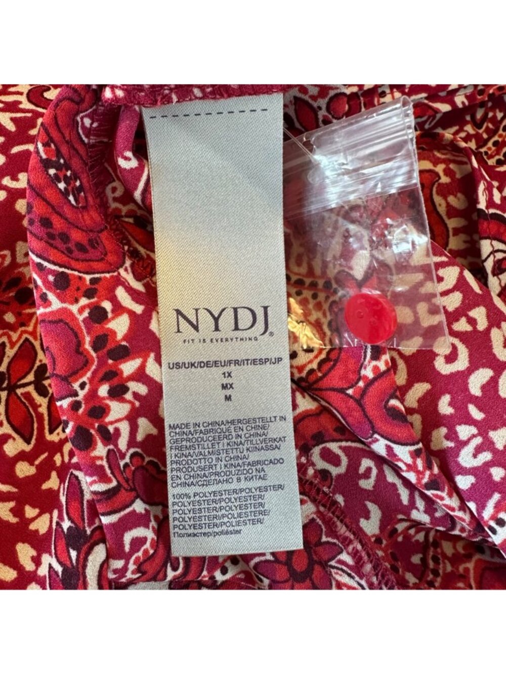 NWOT NYDJ Womens Red Paisley Pintucked Pleated 1/4 Button Front Blouse Size 1X - Picture 11 of 14